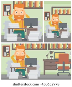 A hipster businessman in despair sitting at workplace with heaps of papers and clutching his head. Vector flat design illustration. Square, horizontal, vertical layouts.