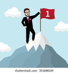 Hipster Businessman with Flag on a Mountain Peak