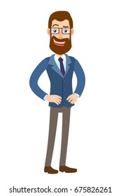 Hipster Businessman with hands on his hips. Full length portrait of Cartoon Hipster Businessman Character. Vector illustration in a flat style.