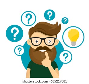 Hipster businessman having creative idea. Business man standing with question marks and idea light bulb above his head. Business idea concept..Vector flat cartoon illustration character icon