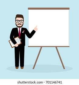 Hipster Businessman holding clipboard giving presentation