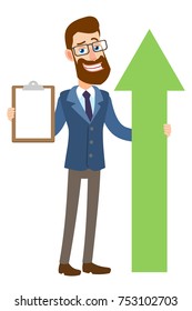 Hipster Businessman holding a green arrow and  showing clipboard. Full length portrait of Cartoon Hipster Businessman Character. Vector illustration in a flat style.