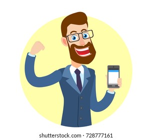 Hipster Businessman holding mobile phone and showing biceps. Portrait of Cartoon Hipster Businessman Character. Vector illustration in a flat style.
