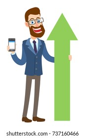 Hipster Businessman holding mobile phone and  green arrow. Full length portrait of Cartoon Hipster Businessman Character. Vector illustration in a flat style.