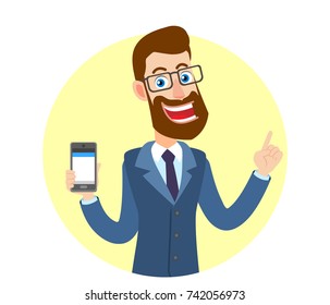 Hipster Businessman holding mobile phone and pointing up. Portrait of Cartoon Hipster Businessman Character. Vector illustration in a flat style.