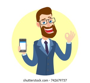 Hipster Businessman holding mobile phone and showing a okay hand sign. Portrait of Cartoon Hipster Businessman Character. Vector illustration in a flat style.