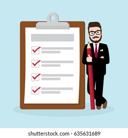 Hipster Businessman holding red pencil with completed checklist paper on clipboard