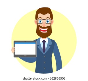 Hipster Businessman holding tablet PC. Portrait of Cartoon Hipster Businessman Character. Vector illustration in a flat style.