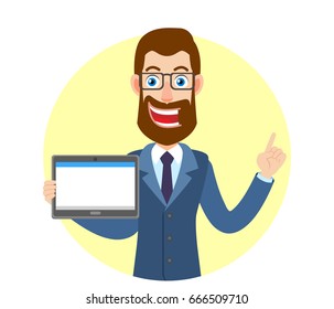 Hipster Businessman holding tablet PC and pointing up. Portrait of Cartoon Hipster Businessman Character. Vector illustration in a flat style.