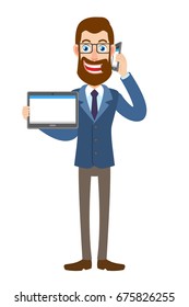 Hipster Businessman holding tablet PC and talking on mobile phone. Full length portrait of Cartoon Hipster Businessman Character. Vector illustration in a flat style.