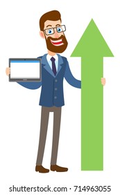 Hipster Businessman holding tablet PC and holding a green arrow. Full length portrait of Cartoon Hipster Businessman Character. Vector illustration in a flat style.