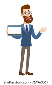 Hipster Businessman holding tablet PC and gesticulating. Full length portrait of Cartoon Hipster Businessman Character. Vector illustration in a flat style.