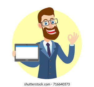 Hipster Businessman holding tablet PC and  showing a okay hand sign. Portrait of Cartoon Hipster Businessman Character. Vector illustration in a flat style.