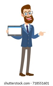 Hipster Businessman holding tablet PC and pointing his finger at pointing something beside of him. Full length portrait of Cartoon Hipster Businessman Character. Vector illustration in a flat style.