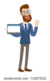 Hipster Businessman holding tablet PC and raised a hand in greeting. Full length portrait of Cartoon Hipster Businessman Character. Vector illustration in a flat style.