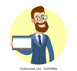 Hipster Businessman holding tablet PC. Portrait of Cartoon Hipster Businessman Character. Vector illustration in a flat style.