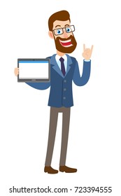 Hipster Businessman holding tablet PC and showing Rock and Roll sign. Full length portrait of Cartoon Hipster Businessman Character. Vector illustration in a flat style.