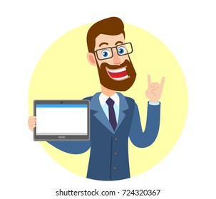 Hipster Businessman holding tablet PC and showing Rock and Roll sign. Portrait of Cartoon Hipster Businessman Character. Vector illustration in a flat style.