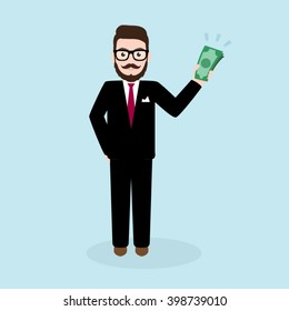 Hipster Businessman Holds in Hand Money