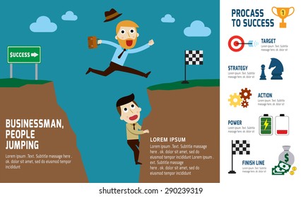 hipster businessman jumping over gap  the cliff.
infographic elements.modern flat icon. vector illustration.
success business concept.