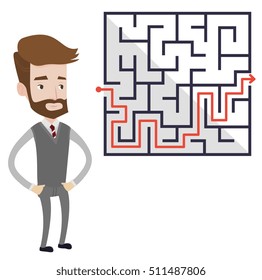 Empresario hipster mirando el laberinto con solución. Empresario caucásico pensando en soluciones de negocios. Concepto de solución empresarial. Ilustración de diseño plana vectorial aislada en fondo blanco.