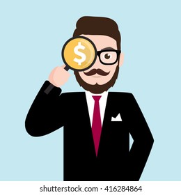 Hipster Businessman Looking Through a Magnifying Glass