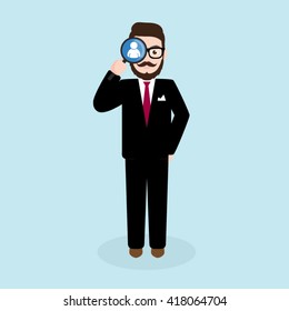 Hipster Businessman Looking Through a Magnifying Glass