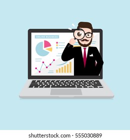 Hipster Businessman Looking Through a Magnifying Glass. Research and Analytics concept