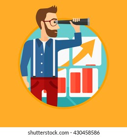 A hipster businessman looking through a spyglass at chart. Man searching the opportunities for business growth. Business growth, vision concept. Business vector flat design illustration in the circle.