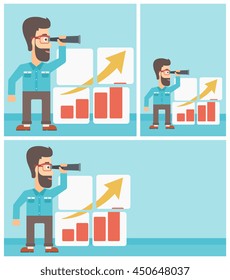 A hipster businessman looking through a spyglass at chart. Man searching the opportunities for business growth. Business growth, vision concept. Business vector flat design illustration in the circle.