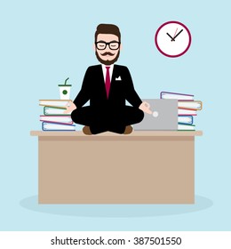 Hipster Businessman Meditates on working desk