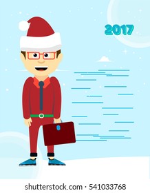 Hipster Businessman on blue background with a suitcase in his hand. Businessman wearing a red clothes and is ready for the new year.
