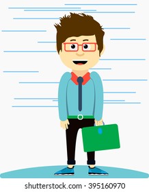 Hipster Businessman on a white background with a suitcase in his hand. Businessman with a suitcase in his hand. Manager or business man . Flat, illustration, vector
