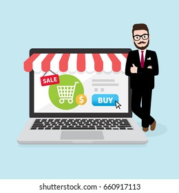 Hipster Businessman with online store concept on laptop screen
