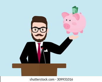 Hipster Businessman with piggy bank at a podium