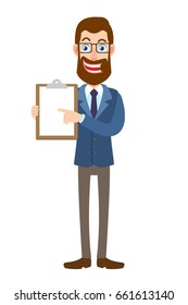 Hipster Businessman pointing at clipboard. Full length portrait of Cartoon Character. Vector illustration in a flat style.