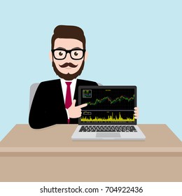 Hipster Businessman pointing at computer screen with online stock market trading concept