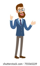 Hipster Businessman pointing up and gesticulating. Full length portrait of Cartoon Hipster Businessman Character. Vector illustration in a flat style.