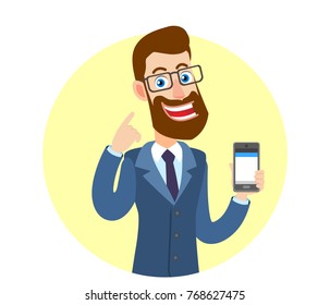 Hipster Businessman pointing to his ear and holding mobile phone. Portrait of Cartoon Hipster Businessman Character. Vector illustration in a flat style.