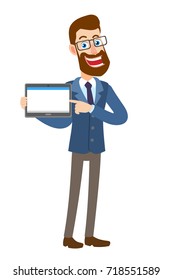 Hipster Businessman pointing his finger at tablet PC. Full length portrait of Cartoon Hipster Businessman Character. Vector illustration in a flat style.