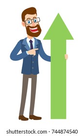 Hipster Businessman pointing his finger at  green arrow. Full length portrait of Cartoon Hipster Businessman Character. Vector illustration in a flat style.