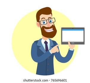 Hipster Businessman pointing his finger at holding tablet PC. Portrait of Cartoon Hipster Businessman Character. Vector illustration in a flat style.
