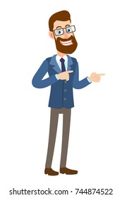 Hipster Businessman pointing something beside of him. Full length portrait of Cartoon Hipster Businessman Character. Vector illustration in a flat style.