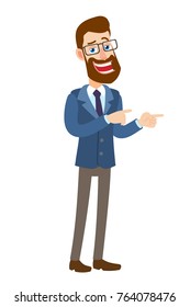Hipster Businessman pointing something beside of him. Full length portrait of Cartoon Hipster Businessman Character. Vector illustration in a flat style.