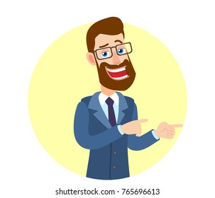 Hipster Businessman pointing something beside of him. Portrait of Cartoon Hipster Businessman Character. Vector illustration in a flat style.