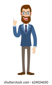 Hipster Businessman pointing up. Full length portrait of Cartoon Hipster Businessman Character. Vector illustration in a flat style.