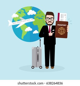 Hipster Businessman presenting passport and air ticket in hand with airplane and suitcase on background