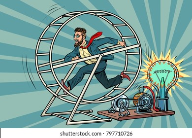 Hipster businessman produces electricity, power generator. Pop art retro comic book vector illustration