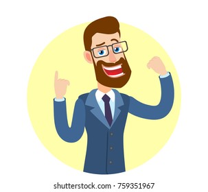 Hipster Businessman showing biceps and  pointing up. Portrait of Cartoon Hipster Businessman Character. Vector illustration in a flat style.