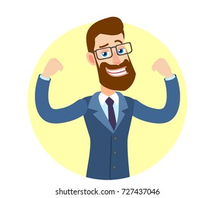 Hipster Businessman showing biceps. Portrait of Cartoon Hipster Businessman Character. Vector illustration in a flat style.